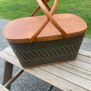 Vintage Woven Picnic Basket with Wooden Handles